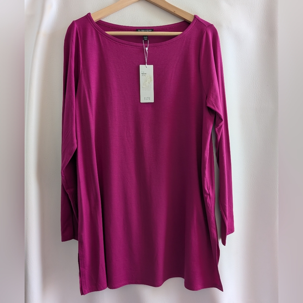 Eileen Fisher Lyocell Jersey Pink Bateau Neck Tunic Top Long Sleeves - M
